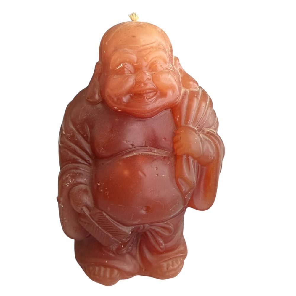 Vintage Buddha Monk Laughing Candle Statue Red Orange Brown Spiritual Art Peace
